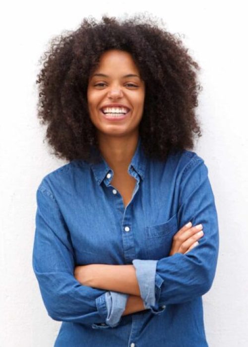 Portrait,Of,Beautiful,Positive,African,American,Woman,Standing,With,Arms